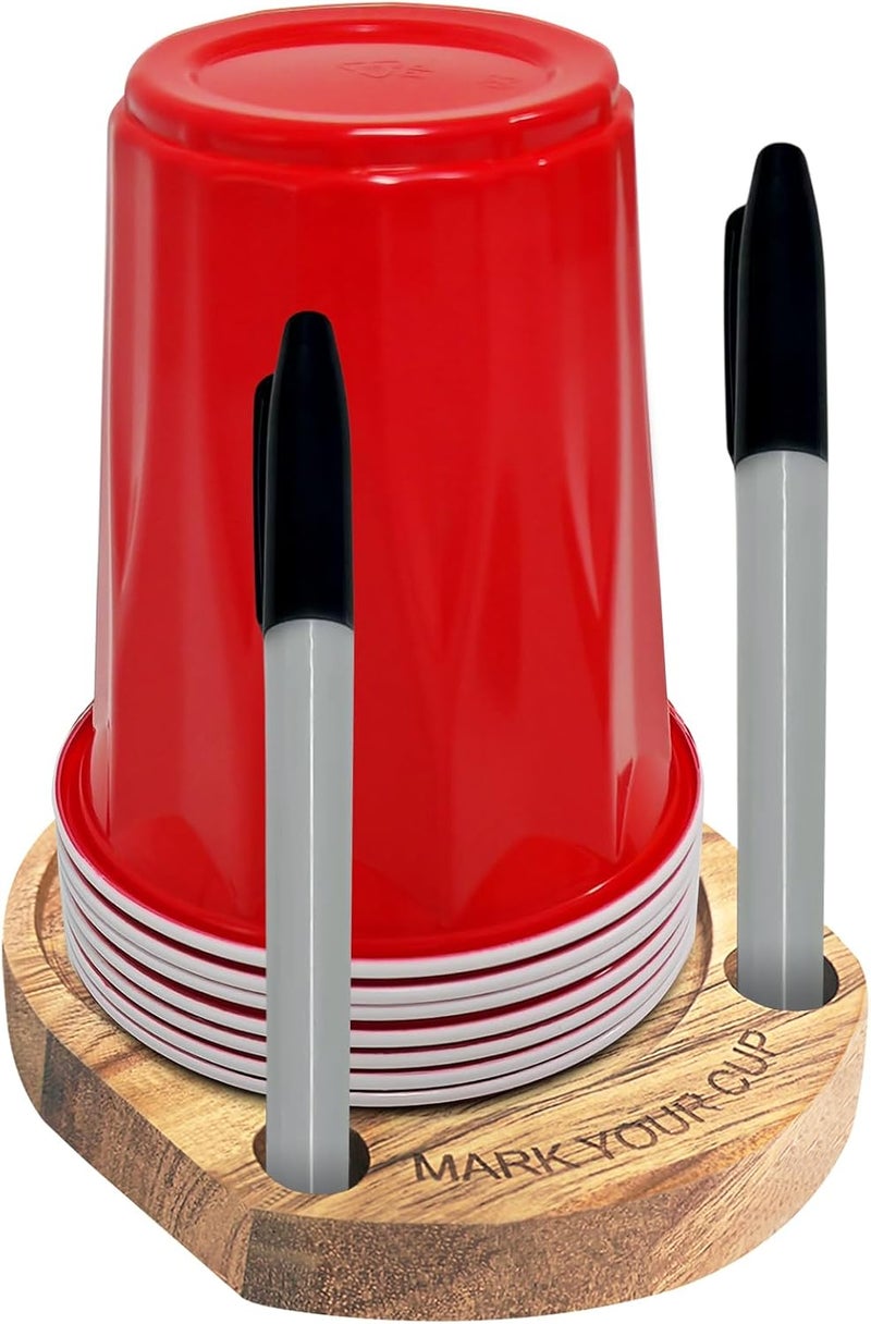 YAQUHO Party Cup Holder with Marker Slot, Acacia Wood Bathroom Cup Dispenser Mark Your Cup and Drink Up, Hosting Essential to Prevent Mix-Ups & Mark Your Cup for Birthdays, BBQs, Holiday Events - Image 2